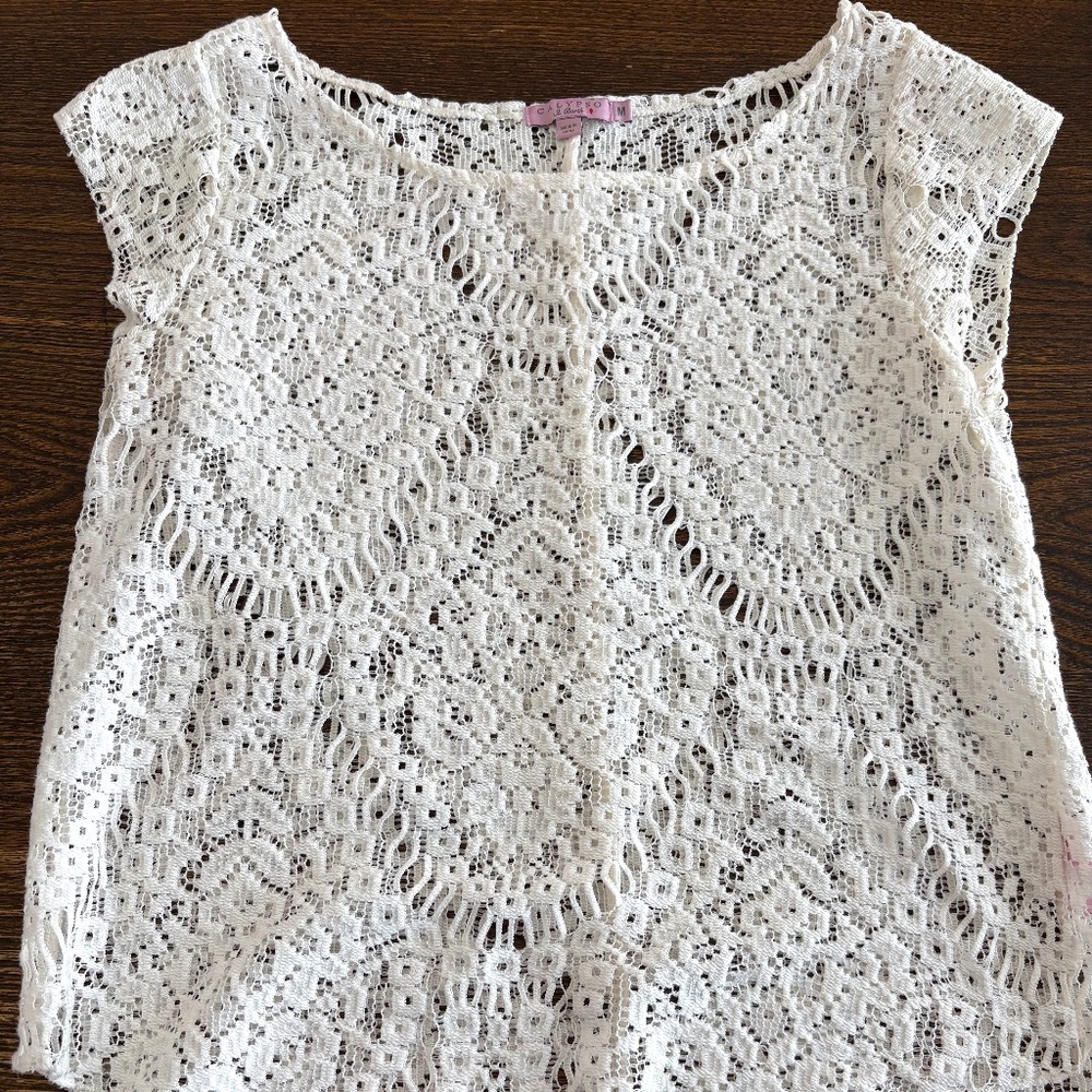 Calypso St. Barth Cotton Blend Off- White Lace Short Sleeve Blouse - Size M